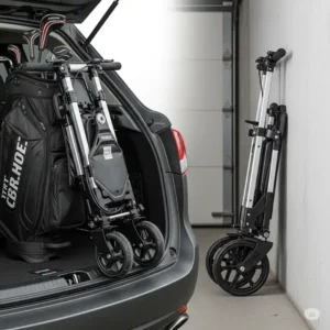 The foldable design of a golf trolley scooter is being illustrated.