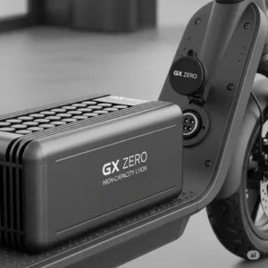 A visual of the gx zero dual motor electric scooter's high-capacity battery pack and convenient charging port.