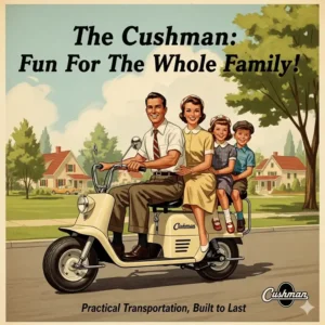 An illustration replicating a vintage advertisement for the Cushman motor scooter, featuring a family riding together to promote its practicality.