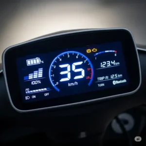The digital dashboard of the carbon armor scooter displays key metrics.