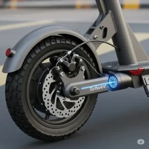 A visual of the dual braking system on a turboant scooter, highlighting the rear disc brake and regenerative braking for safety.