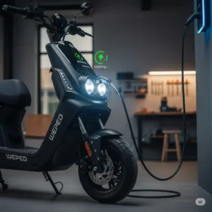 A weped scooter being charged, with the charging cable connected, to illustrate its convenient and efficient charging process.