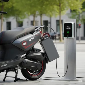 An image of the wolf scooter's removable battery being charged at a station