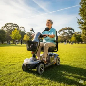 A happy user enjoys a sunny day in a park, comfortably seated on their atto scooter, highlighting its stability and comfort.