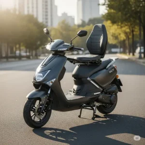 A Glion balto scooter for sale nationwide with its included seat attachment, showing its versatility as a sit-down moped.