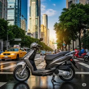 A Benelli scooter parked in a bustling city environment, with tall buildings and a lively street scene in the background, illustrating its role as a perfect city vehicle.