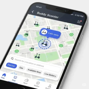 A screenshot of a mobile app for renting a buddy scooter, showing a map with available scooters nearby.