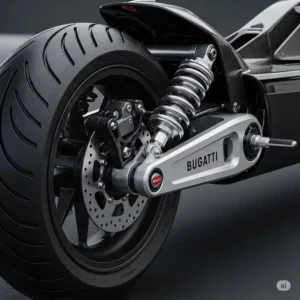 A close-up of the rear wheel and advanced suspension system of the Bugatti scooter, designed for a smooth and comfortable ride.