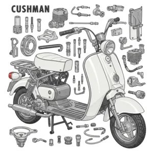 A detailed illustration of various Cushman motor scooter parts laid out, helping enthusiasts identify components for their own vehicle.
