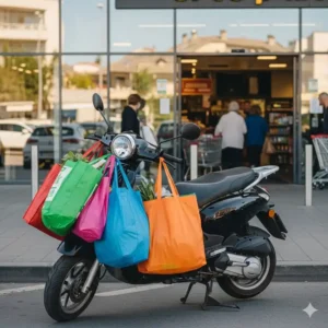 A scooter parked in front of a supermarket, with several reusable shopping bags hanging from the handlebars after a grocery trip using a drive scooter.