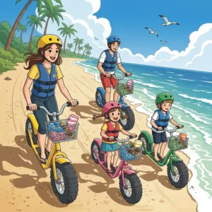 A lively illustration of a family, including children, safely riding individual beach scooters. This image can be used to promote the idea of family-friendly activities and fun excursions.