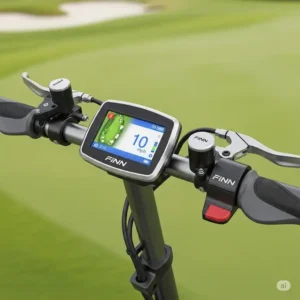 A close-up illustration focusing on specific components of the finn golf scooter, such as the throttle, brake system, and digital display.