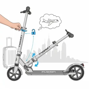 An illustration of a fuzion scooter's easy-to-use folding mechanism, highlighting its portability and convenience for travel.
