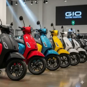 A lineup of GIO electric scooters in various color options, showing the range of styles available to customers.