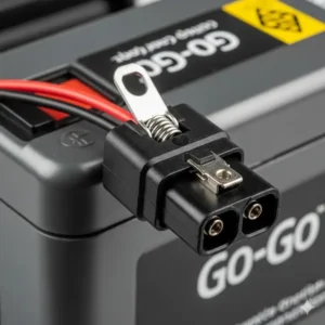 A detailed image of the quick-release connector on a go go scooter battery, which makes it simple to remove and install. 
