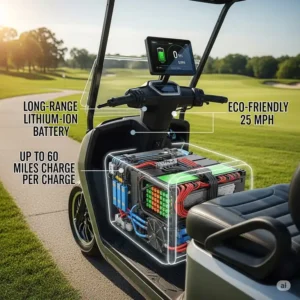 A detailed image showcasing the battery and performance features of a modern golf cart scooter, including its range and speed capabilities.
