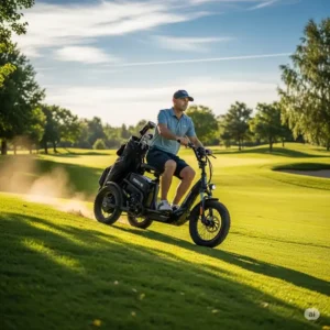 A golf trolley scooter is climbing a hill on a golf course.