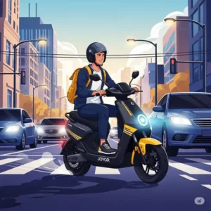An illustration of a person riding a Joyor scooter, showing how it effortlessly navigates traffic and provides an efficient solution for daily commutes.