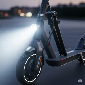 Front view of a folding electric scooter with seat for adults, showcasing its bright LED headlight for enhanced visibility and night safety.