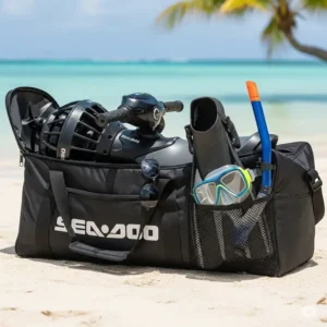 A compact sea doo scooter packed in a travel bag, ready for a vacation trip.