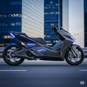 The full profile of a carbon armor scooter emphasizes its sleek design.