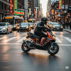 An urban street scene featuring a scooter that looks like a motorbike, emphasizing its maneuverability in city traffic.