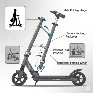 A diagram illustrating the simple and secure folding mechanism of a weped scooter, highlighting its portability and ease of storage.