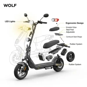 A breakdown of the wolf scooter's key features, including its LED lights and ergonomic design