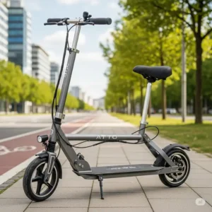 A full-view shot of the atto scooter unfolded and ready to ride, detailing its modern design and sturdy construction.
