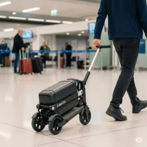 A Glion balto scooter for sale nationwide in its patented dolly mode, allowing it to be wheeled like a suitcase.