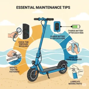 An infographic-style illustration detailing basic maintenance tips for a beach scooter, such as checking tire pressure and charging the battery. This is useful for a guide on scooter care.