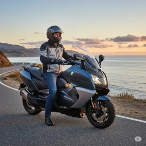 A rider comfortably seated on the bmw scooter 650, the C 650 GT, demonstrating its ergonomic design and relaxed riding position for long journeys.