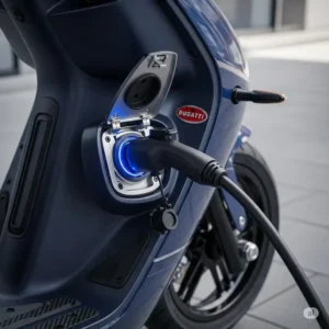 The secure and accessible charging port of the Bugatti scooter, with the charging cable plugged in, highlighting the quick and easy charging process.