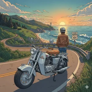 An illustration of a Cushman motor scooter on a scenic road, suggesting the joy of touring and travel on this classic vehicle.