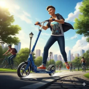  Illustration of a person riding an ez scooter on a path.