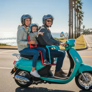 A family of three, including a child in a seat, enjoying a day trip on a spacious buddy scooter.