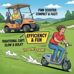 An illustration comparing the finn golf scooter's compact size and speed to a traditional golf cart, emphasizing its efficiency and fun factor.