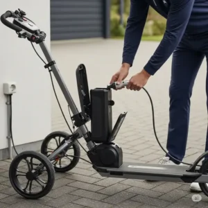 The removable battery of the golf trolley scooter is being charged.
