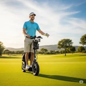 A golfer smiling while riding a personal golf cart scooter, capturing the fun and freedom this innovative mode of transport brings to the game.
