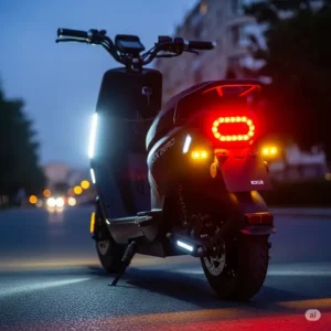 An illumination of the bright front and rear lights on the gx zero dual motor electric scooter, emphasizing rider visibility and safety.