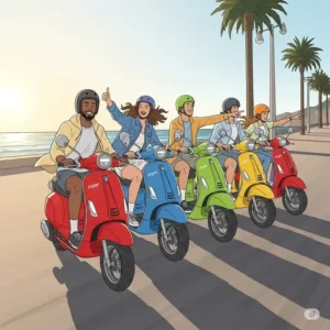 A vibrant illustration of a group of friends or family members enjoying a ride on their Joyor scooter, emphasizing the fun and social aspect of owning one.