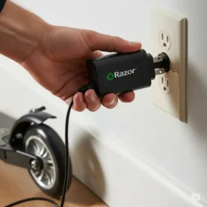 A person is plugging the razor electric scooter charger into a wall outlet.