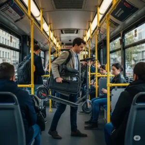 An adult easily carrying a folded electric scooter with seat for adults onto public transport, illustrating its convenience for multi-modal travel.