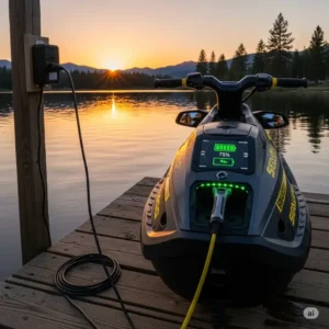 An image of a sea doo scooter connected to its charger, showing the battery charging status.