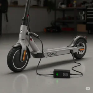 A turboant scooter charging, with the power adapter plugged into the charging port.