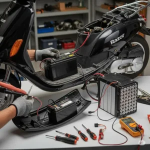 An image showing the process of upgrading a standard razor motor scooter battery to a more powerful or longer-lasting alternative.