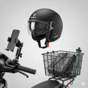 A collection of accessories for the wolf scooter, such as a helmet, phone mount, and cargo basket