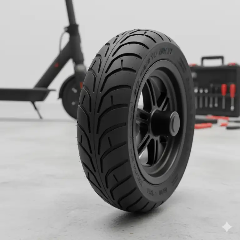 Close-up of a new 10 inch scooter tire with a clear tread pattern, ready for installation on an electric scooter.