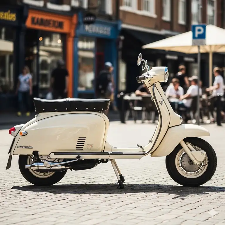 A vintage red lambretta scooter for sale, showing its classic design and polished chrome details on a city street.