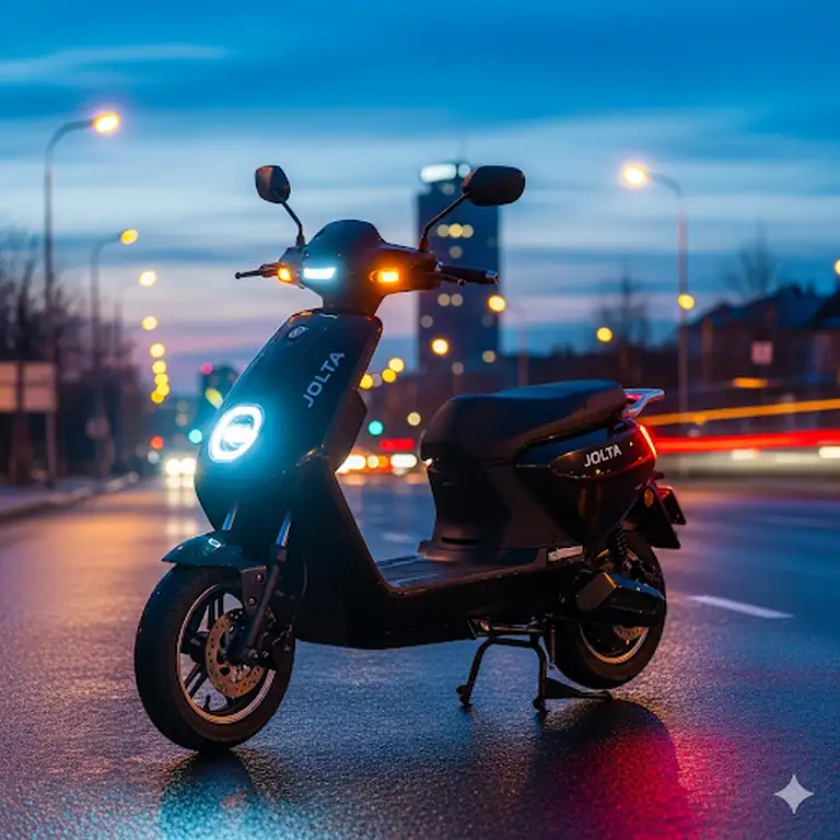 A stunning, high-resolution hero shot of a Jolta electric scooter in an urban setting at dusk, with its LED lights on.
